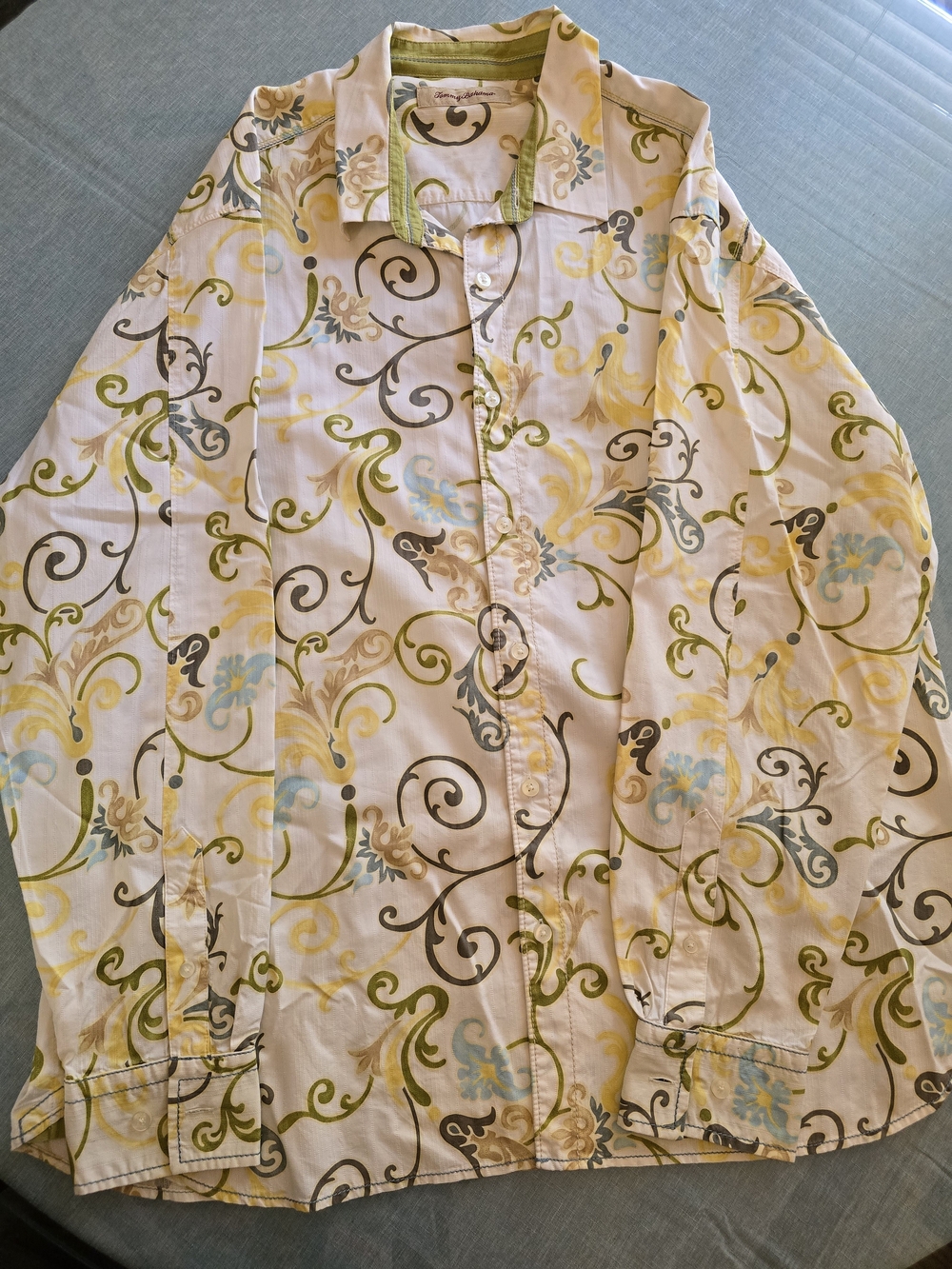 Tommy Bahama Cream Button-Up Shirt with Green, Blue and Yellow Scroll Print